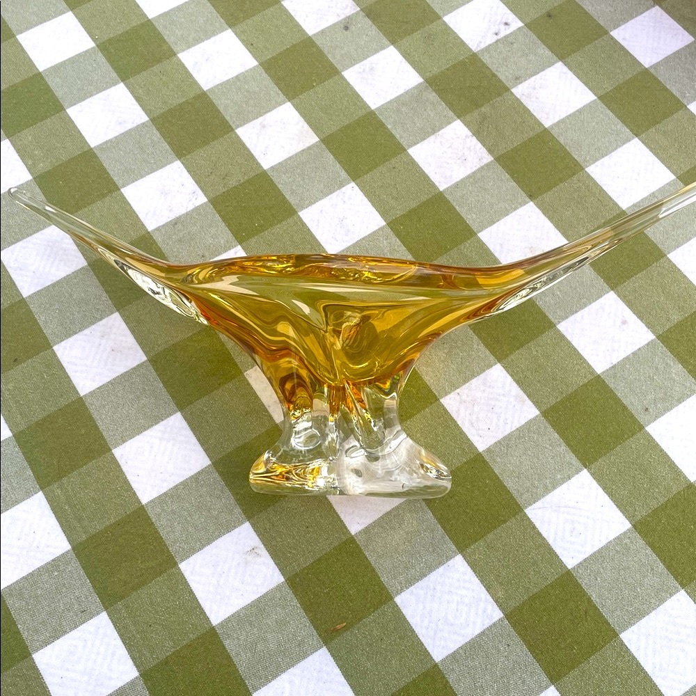 VINTAGE CHALET GLASS ARTGLASS MIDCENTURY SCULPTURE AMBER YELLOW GOLD 17” long